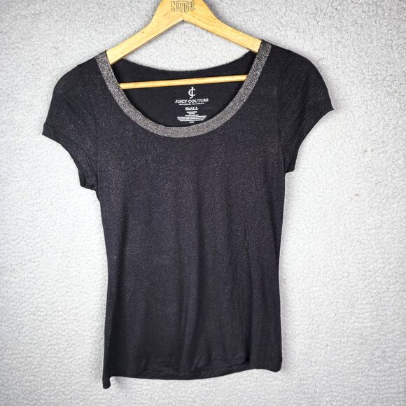 Juicy Couture Womens Tee S Black Scoop Neck Metallic Trim Fitted Chic Elevated - Picture 1 of 5